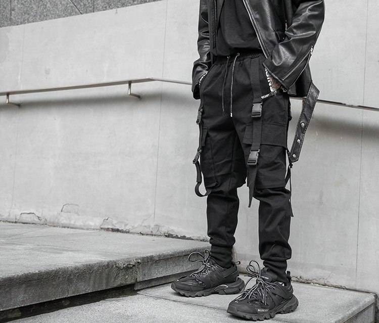 Men8217s Solid Black Tactical Straps Techwear Cargo Pants 3