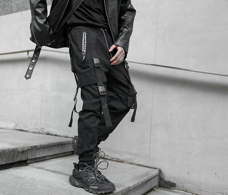 Men8217s Solid Black Tactical Straps Techwear Cargo Pants