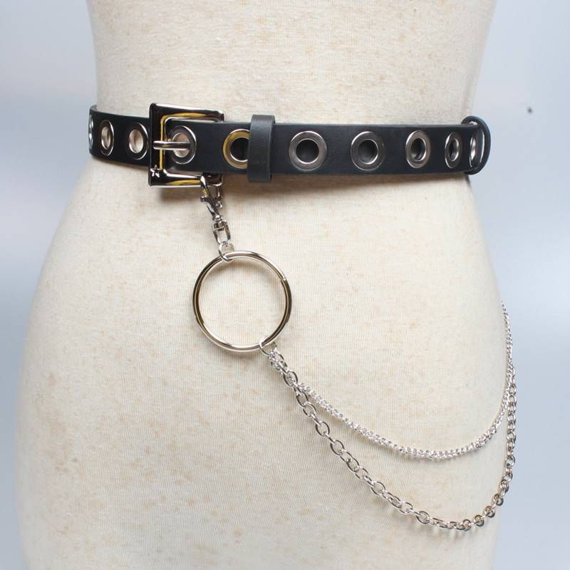 New Gothic Faux Leather Belt lady silver pin Metal Chain Ring Waist Strap Street Dance Decorate belts for women girl jea 18
