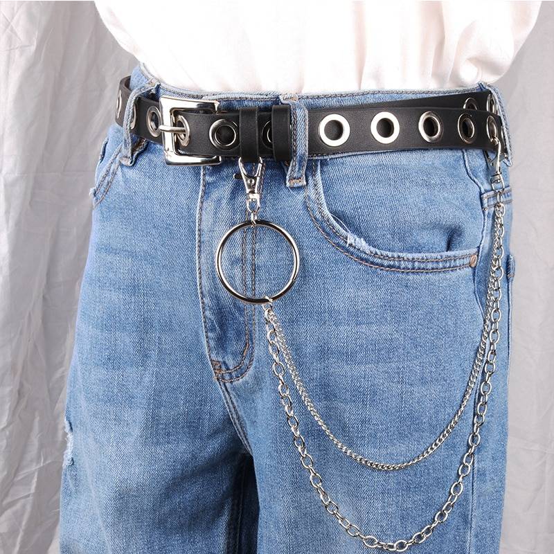 New Gothic Faux Leather Belt lady silver pin Metal Chain Ring Waist Strap Street Dance Decorate belts for women girl jea 19
