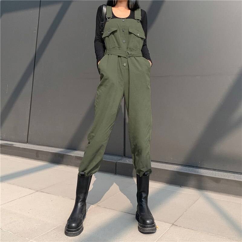 Punk Overalls Women Jumpsuits Pants Green Sashes Buckle Strappy Slim Autumn High Waist Winter Streetwear Harajuku Lady J 10