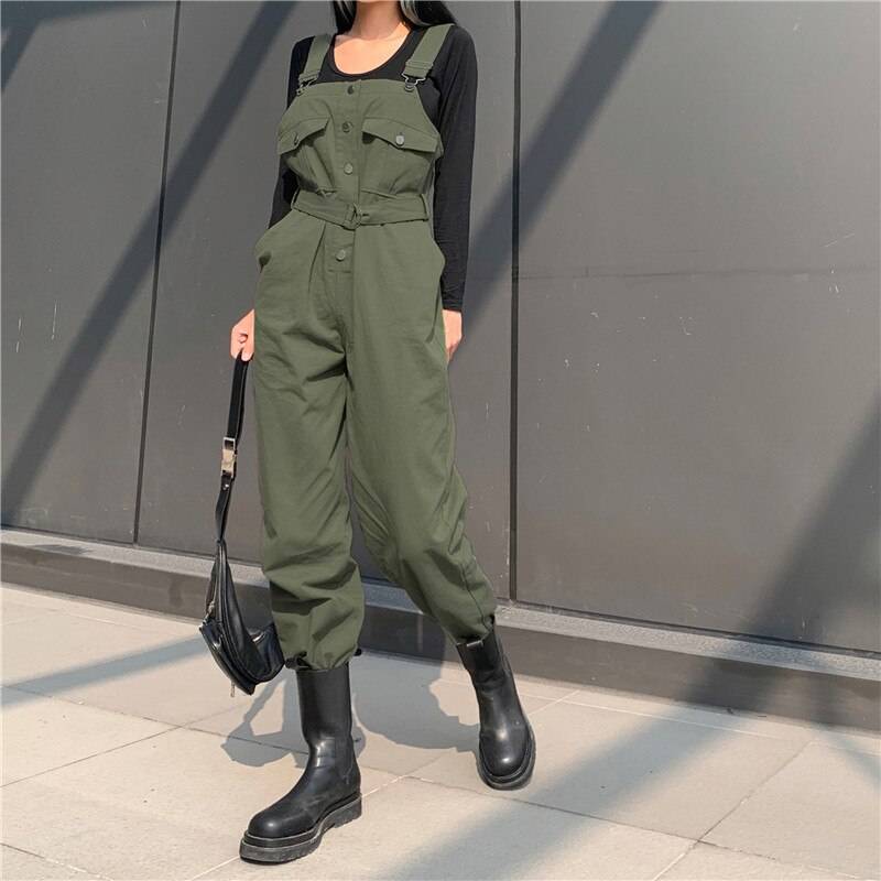 Punk Overalls Women Jumpsuits Pants Green Sashes Buckle Strappy Slim Autumn High Waist Winter Streetwear Harajuku Lady J 11