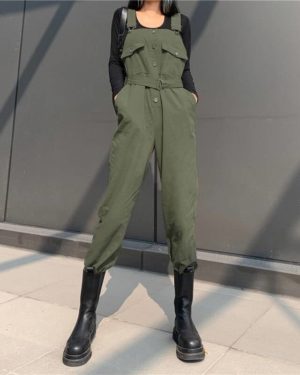 Punk Overalls Women Jumpsuits Pants Green Sashes Buckle Strappy Slim Autumn High Waist Winter Streetwear Harajuku Lady Jumpsuits