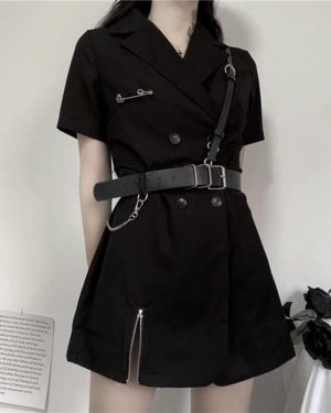 QWEEK Gothic Punk Blazer Dress Women 2021 Summer Streetwear Goth Harajuku Korean Fashion Black Mini Dress Staple Short Sleeve
