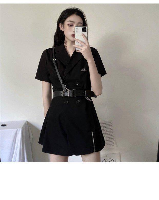 QWEEK Gothic Punk Blazer Dress Women 2021 Summer Streetwear Goth Harajuku Korean Fashion Black Mini Dress Staple Short S 6