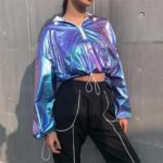 Rainbowwaves Women Jazz Dance Street Dance Top Rave Outfit Holographic Jacket Short Hooded Neon Outfit Dance Crop Top