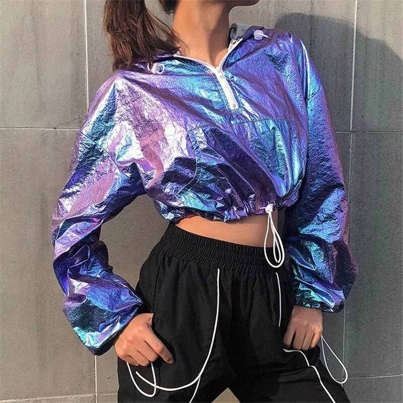 Rainbowwaves Women Jazz Dance Street Dance Top Rave Outfit Holographic Jacket Short Hooded Neon Outfit Dance Crop Top 5