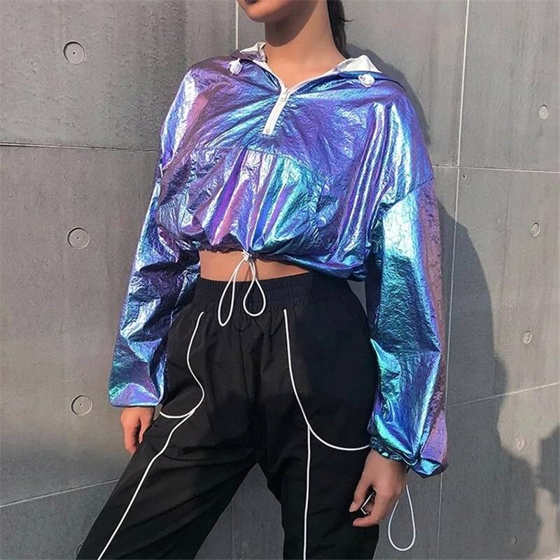Rainbowwaves Women Jazz Dance Street Dance Top Rave Outfit Holographic Jacket Short Hooded Neon Outfit Dance Crop Top 6