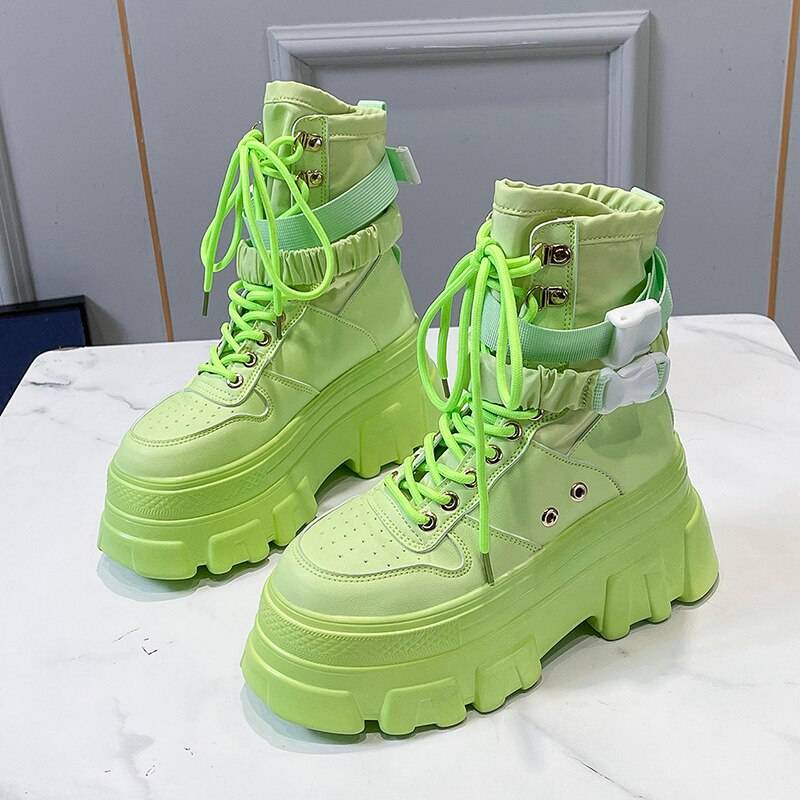 Rimocy Green Punk Chunky Platform Motorcycle Boots Women Autumn Winter Gothic Shoes Woman Thick Bottom Lace Up Ankle Bot 20