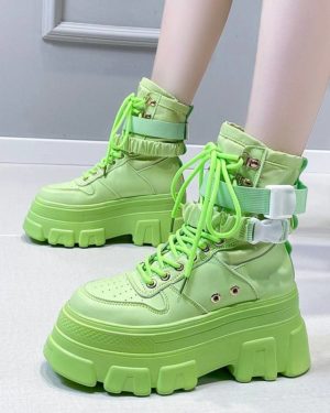 Rimocy Green Punk Chunky Platform Motorcycle Boots Women Autumn Winter Gothic Shoes Woman Thick Bottom Lace Up Ankle Botas Mujer