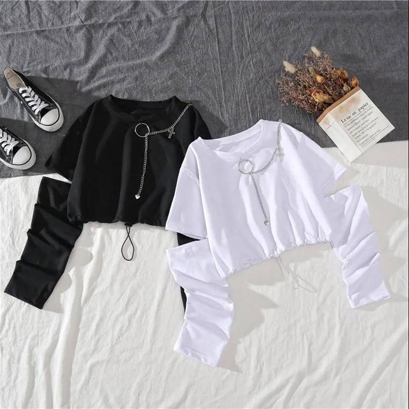 Spring Autumn Women Harajuku Cargo Pants Handsome Cool Two piece Suit Chain Long SleeveRibbon Pants 11