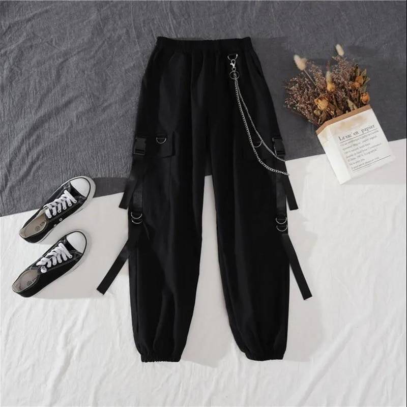 Spring Autumn Women Harajuku Cargo Pants Handsome Cool Two piece Suit Chain Long SleeveRibbon Pants 12
