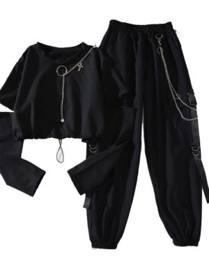 Spring Autumn Women Harajuku Cargo Pants Handsome Cool Two-piece Suit Chain Long Sleeve+Ribbon Pants