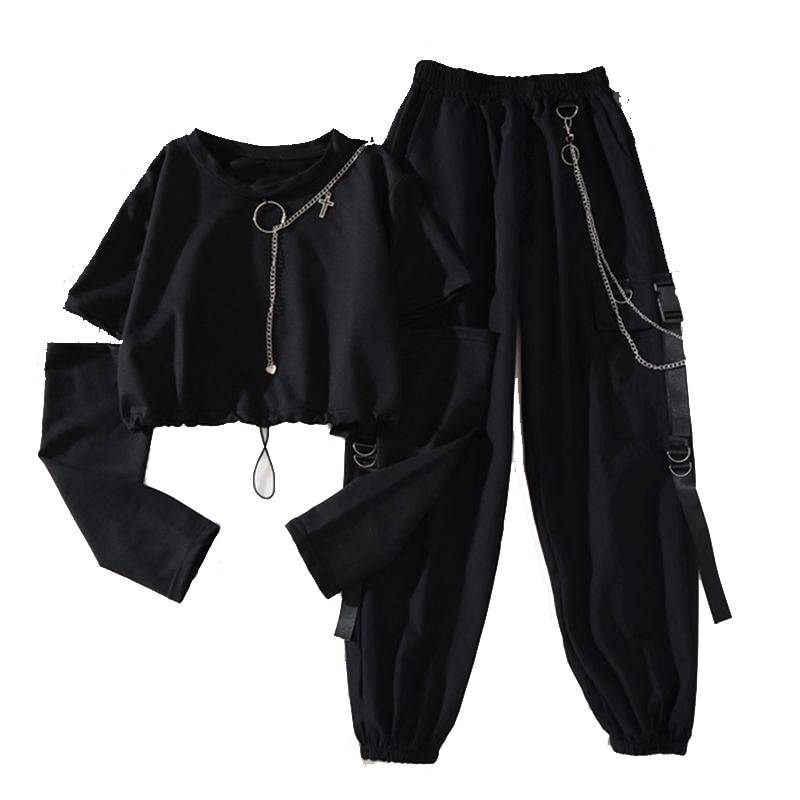 Spring Autumn Women Harajuku Cargo Pants Handsome Cool Two piece Suit Chain Long SleeveRibbon Pants 5