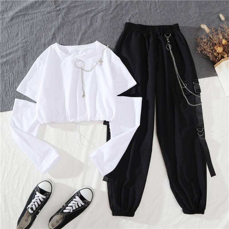Spring Autumn Women Harajuku Cargo Pants Handsome Cool Two piece Suit Chain Long SleeveRibbon Pants 7