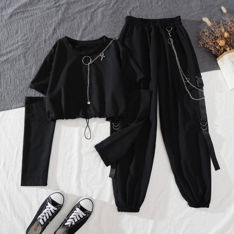 Spring Autumn Women Harajuku Cargo Pants Handsome Cool Two piece Suit Chain Long SleeveRibbon Pants 8