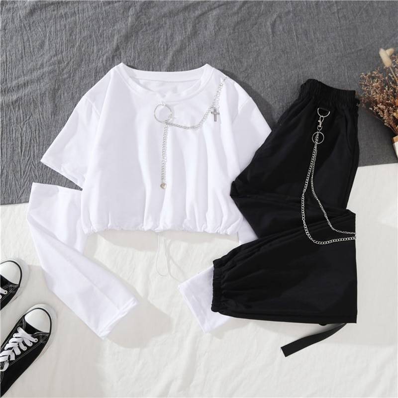 Spring Autumn Women Harajuku Cargo Pants Handsome Cool Two piece Suit Chain Long SleeveRibbon Pants 9