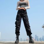 Sweetown Black Cargo Pants Women Fashion 2020 Pockets Patchwork Hippie Trousers Fake Zipper Woven High Waist Streetwear Pants