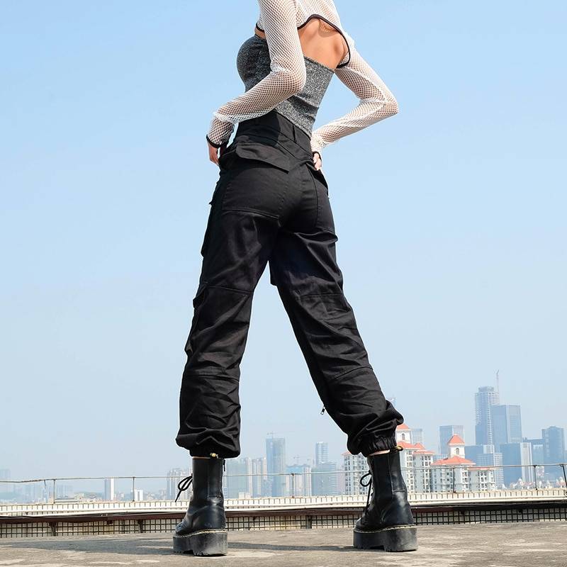 Sweetown Black Cargo Pants Women Fashion 2020 Pockets Patchwork Hippie Trousers Fake Zipper Woven High Waist Streetwear 1 29