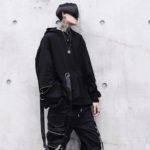 Unique Men’s Black Hooded Sweatshirts Oversized Ribbon Fashion Hoodies Male Hip hop Streetwear Baggy Techwear Pullover Tops Man