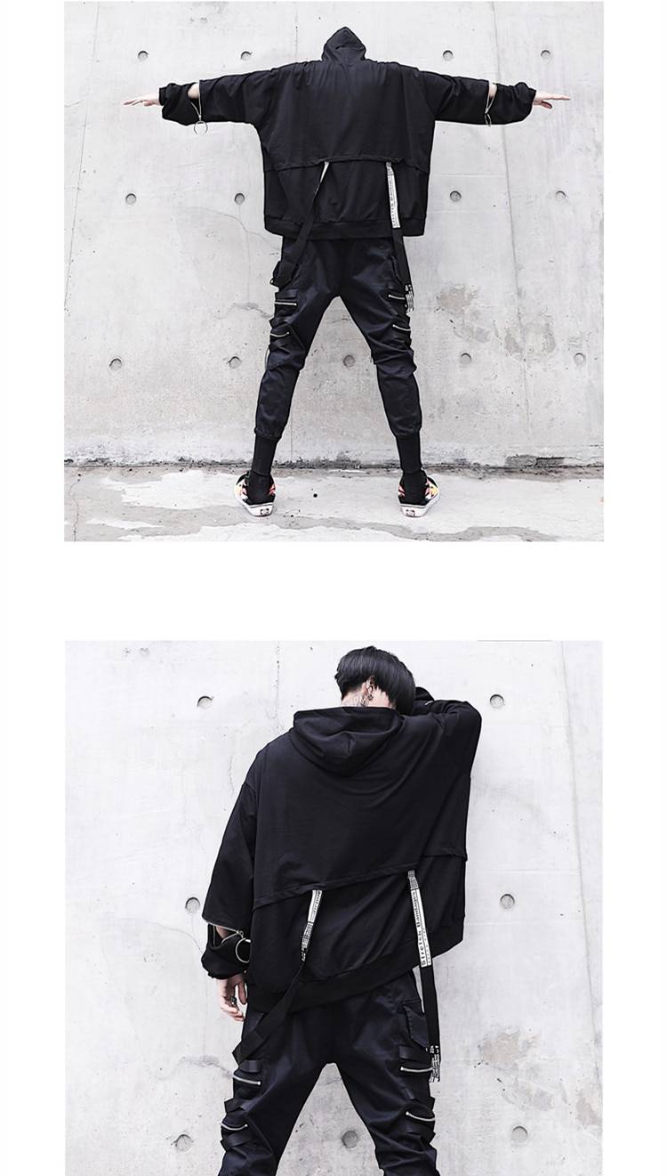Unique Men’s Black Hooded Sweatshirts Oversized Ribbon Fashion Hoodies Male Hip hop Streetwear Baggy Techwear Pullover Tops Man