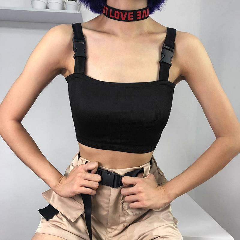 Weekeep Women Black Adjustable Buckle Tank Top Summer Cropped Streetwear Tank Tops 2018 Sexy Backless Sleeve Crop Top 14
