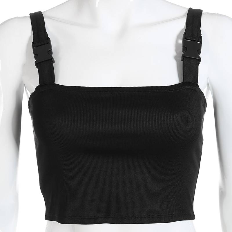 Weekeep Women Black Adjustable Buckle Tank Top Summer Cropped Streetwear Tank Tops 2018 Sexy Backless Sleeve Crop Top 8