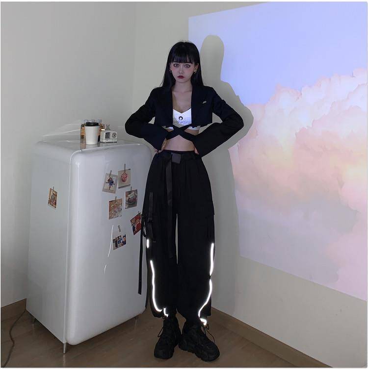 With Belt Reflective Oversize Cargo Pants Women Joggers Women Gothic Black Streetwear Trousers Korean Style Harajuku Hig 6