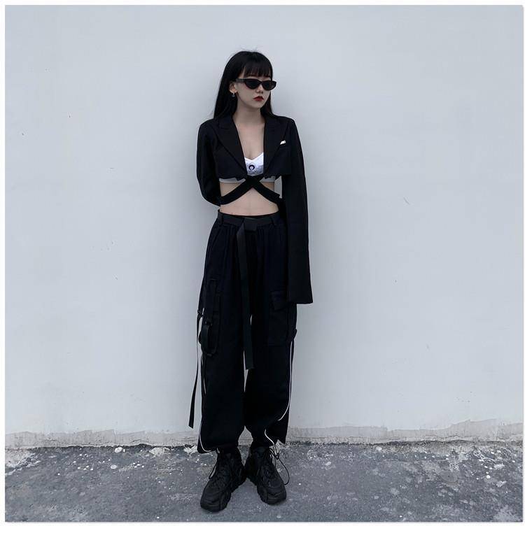 With Belt Reflective Oversize Cargo Pants Women Joggers Women Gothic Black Streetwear Trousers Korean Style Harajuku Hig 8
