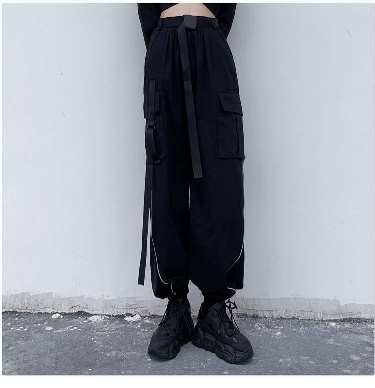 With Belt Reflective Oversize Cargo Pants Women Joggers Women Gothic Black Streetwear Trousers Korean Style Harajuku Hig 9