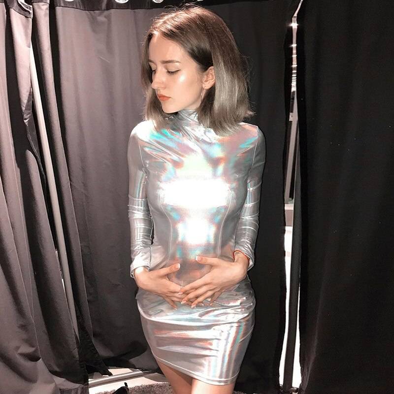 Women Shiny Metallic Holographic Laser Bodycon Dress Ladies Long Sleeve High Neck Slim Mini Dresses Streetwear Dance Per 13