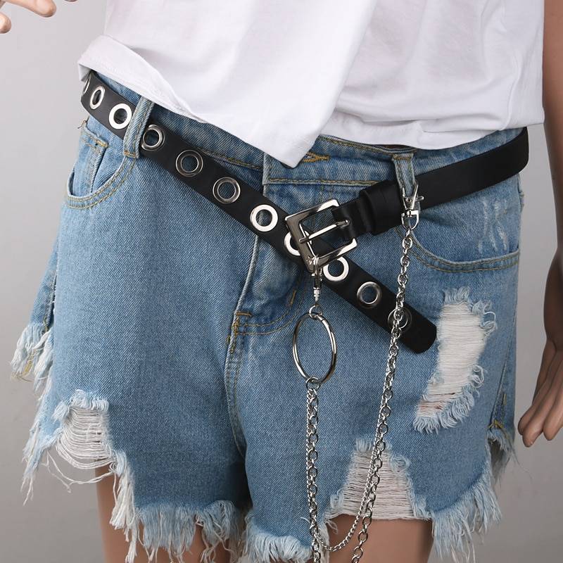 Women8217s Eco Leather Rivet Belt with Multi Layer Chain