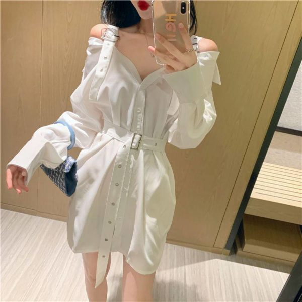 Women’s Rivet Techwear Shirt Mini Dress with Belt