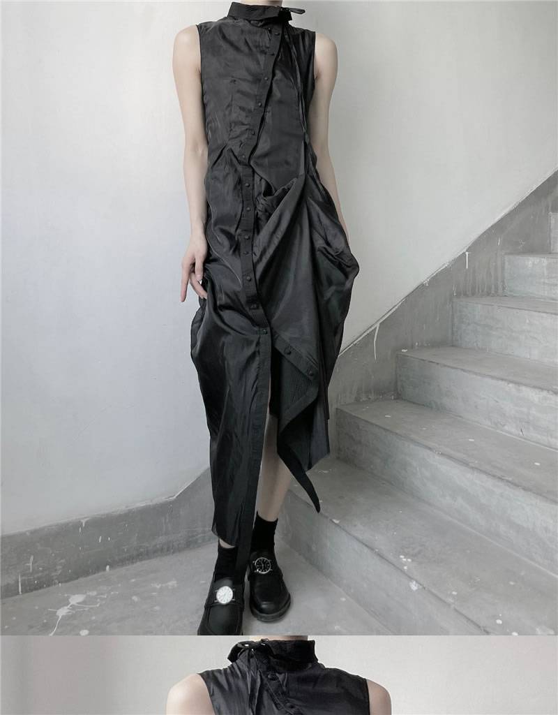 XITAO New Dress Solid Color Asymmetrical Pleated Splicing Slim Women Personality Temperament Stand Collar Summer Fashion 10