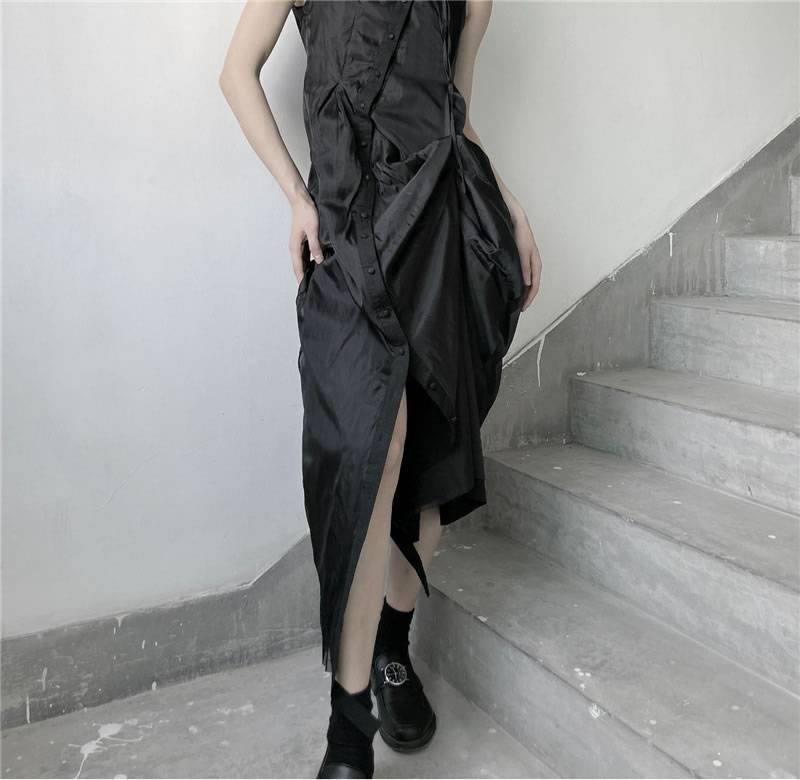 XITAO New Dress Solid Color Asymmetrical Pleated Splicing Slim Women Personality Temperament Stand Collar Summer Fashion 15