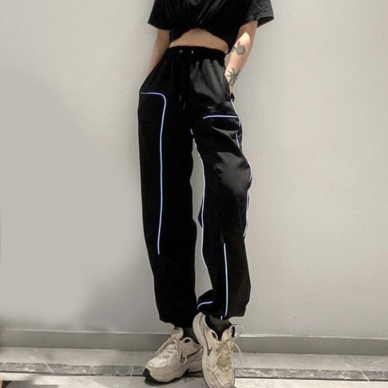 Zoki Women Reflective Sweatpants Spring Fashion Loose Cargo Hip Hop Pants Casual Black Streetwear Female Joggers Trouser 9