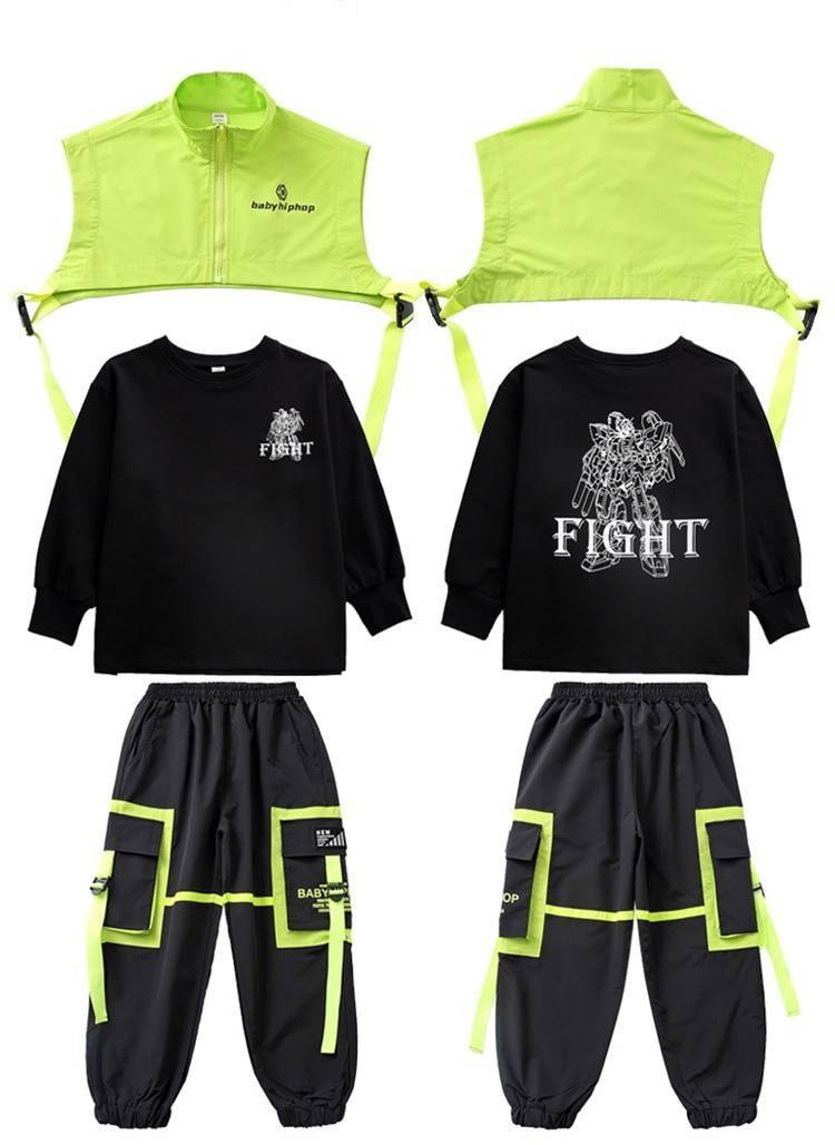 Kid8217s Neon Green Color Block Techwear Sweatshirt and Pants Set
